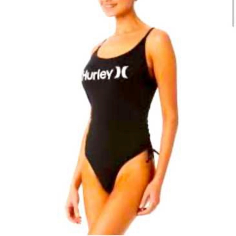 HURLEY  black white logo one piece side cinch swimsuit SIZE:SMALL